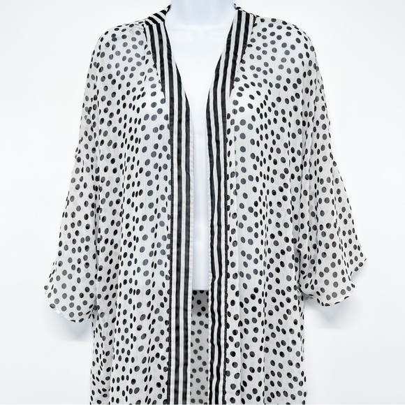 Stripe Polka Dot Print Sheer Long Open Kimono Blouse Top Duster Large XL - Picture 3 of 8
